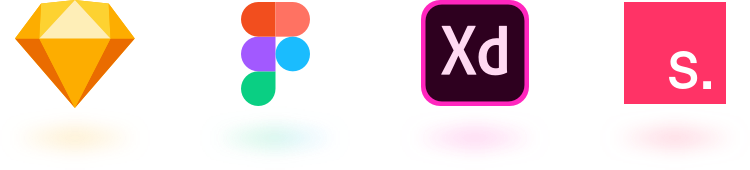 Design System compatible design tools sketch, figma, adobe xd, invision studio. Sketch Logo, Figma Logo, Adobe XD Logo, InVision Studio Logo.